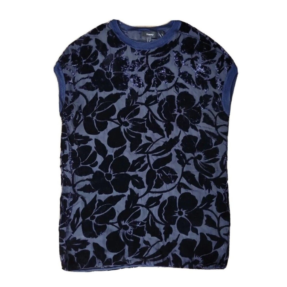 Theory Women's S Navy Dressy Sleeveless Top Sheer Floral Velvet Burnout Party